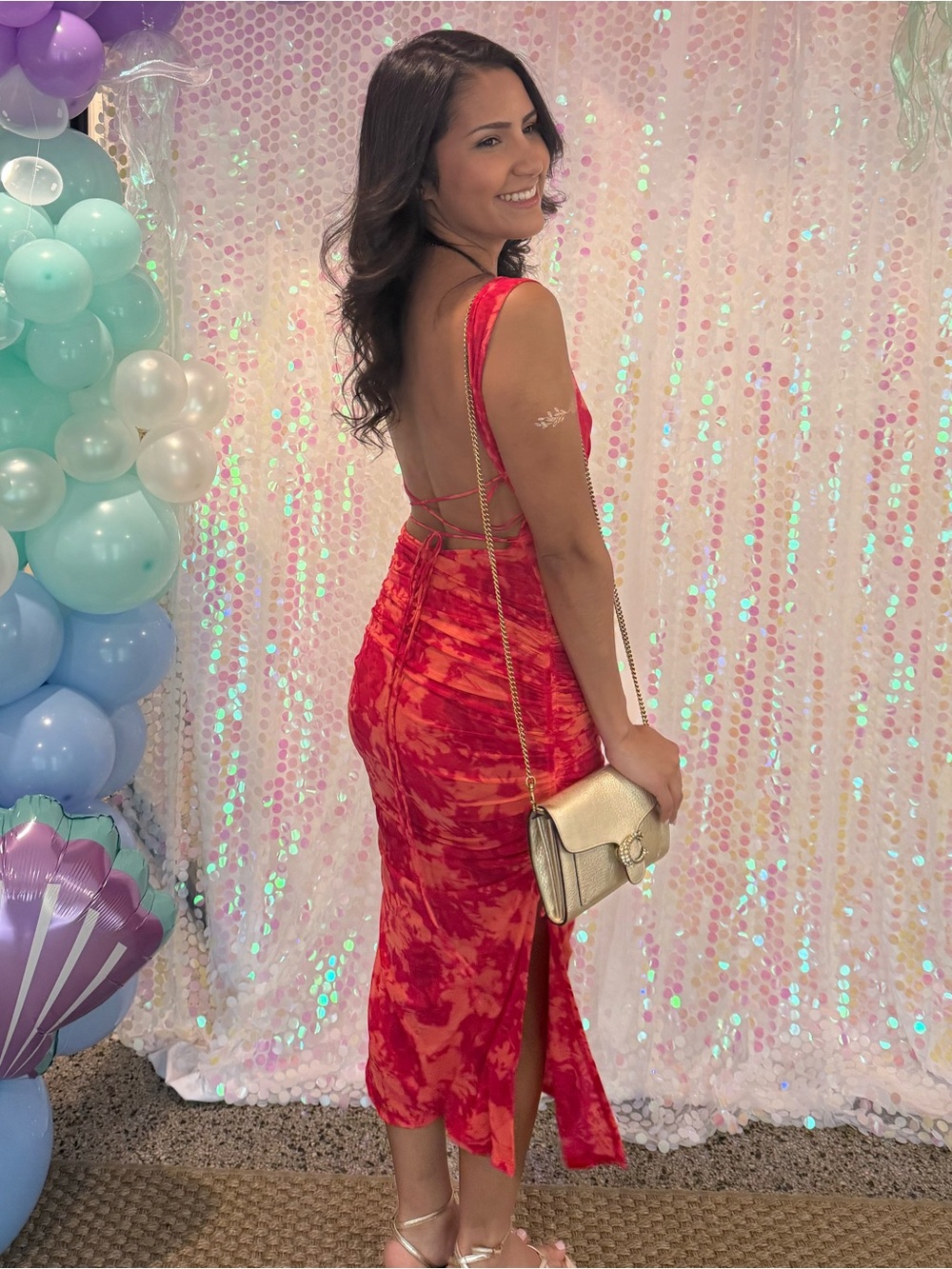 Free People Red & Coral Floral Midi Dress with Open Back